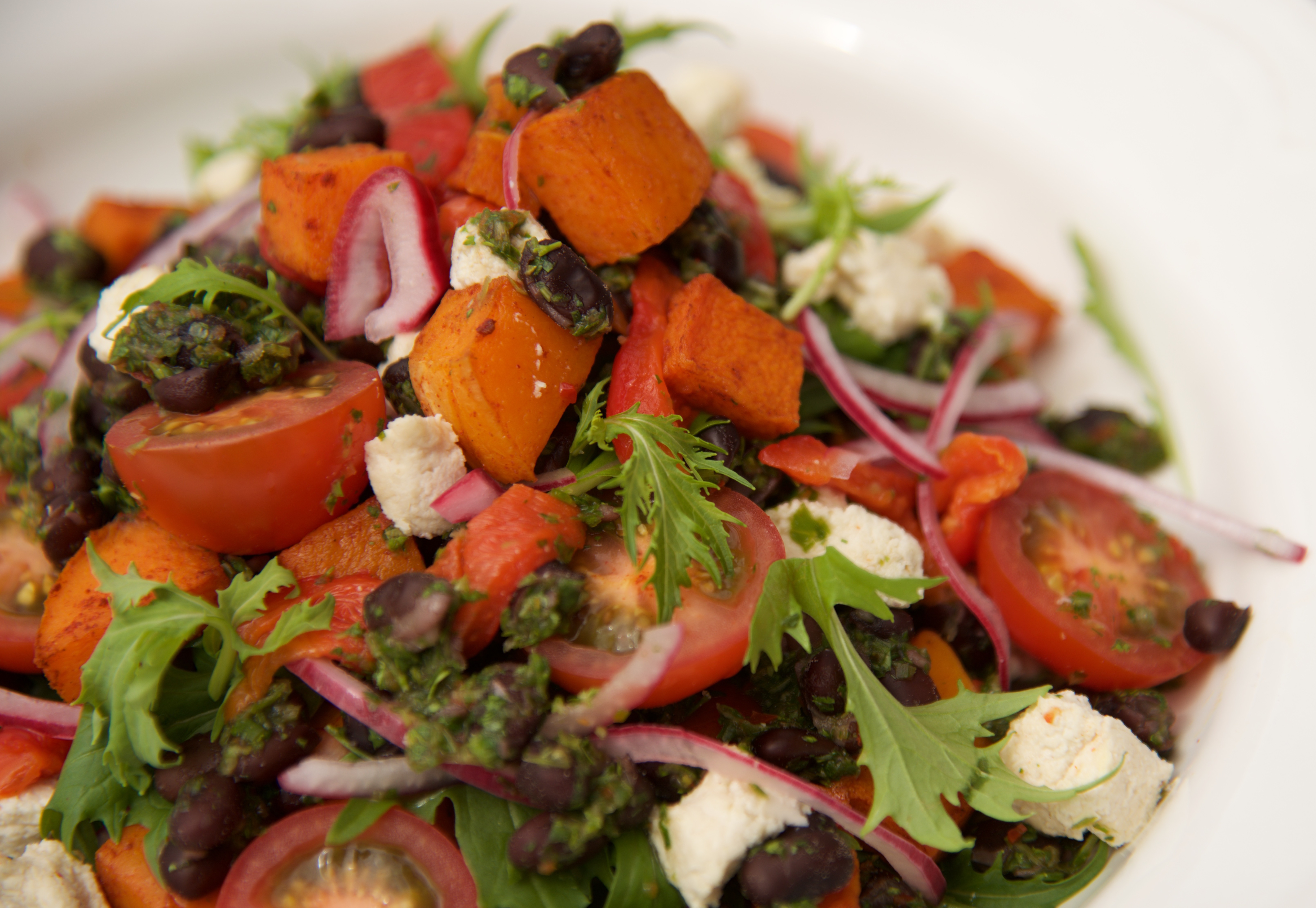 Turtle bean and butternut salad with green herb dressing
