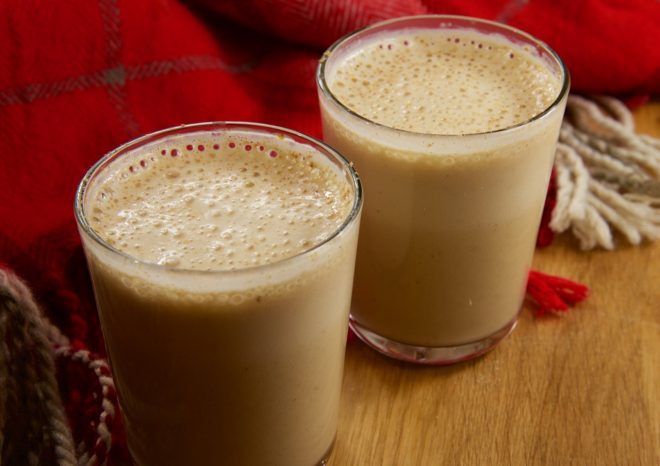Two glasses of frothy Festive Egg (less) Nog