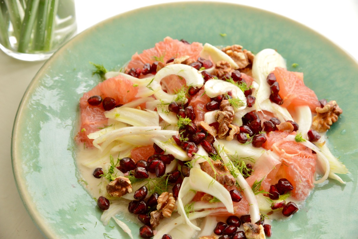 A delicious salad of Fennel and Ruby Grapefruit with Pomegranate and Walnuts