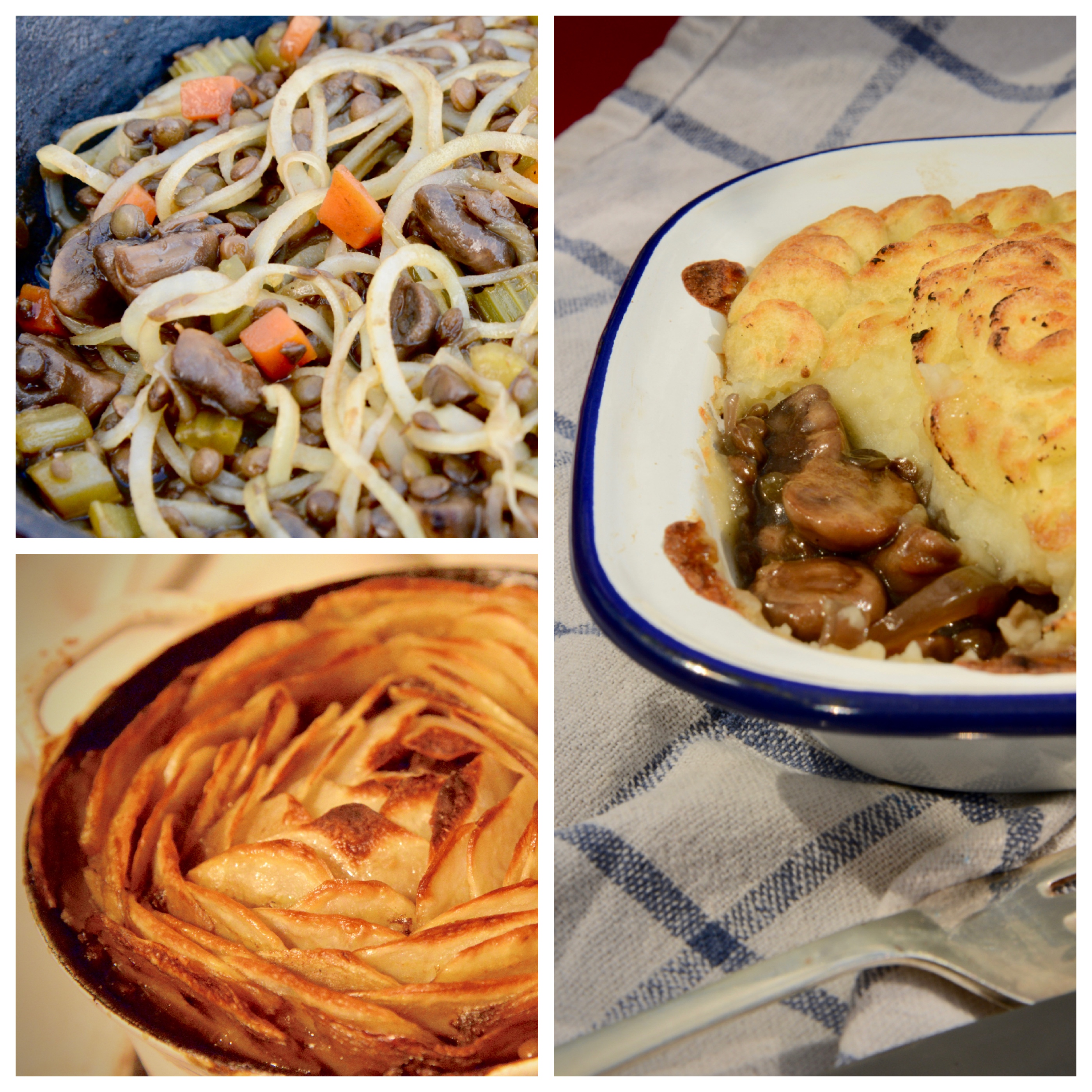 Lentils + Mushrooms + Potatoes collage of casserole with rosette topping, potato bolognaise and shepherd(less) Pie