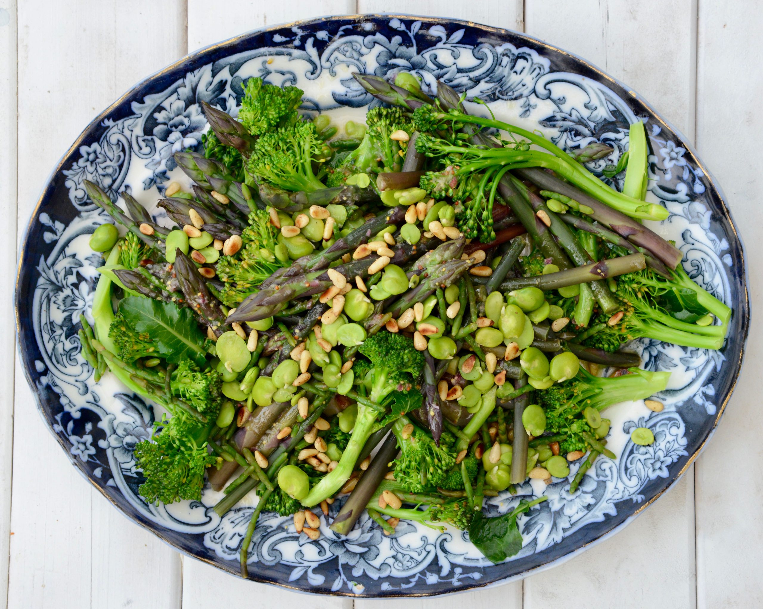 Spring green vegetables with lemon shallot dressing