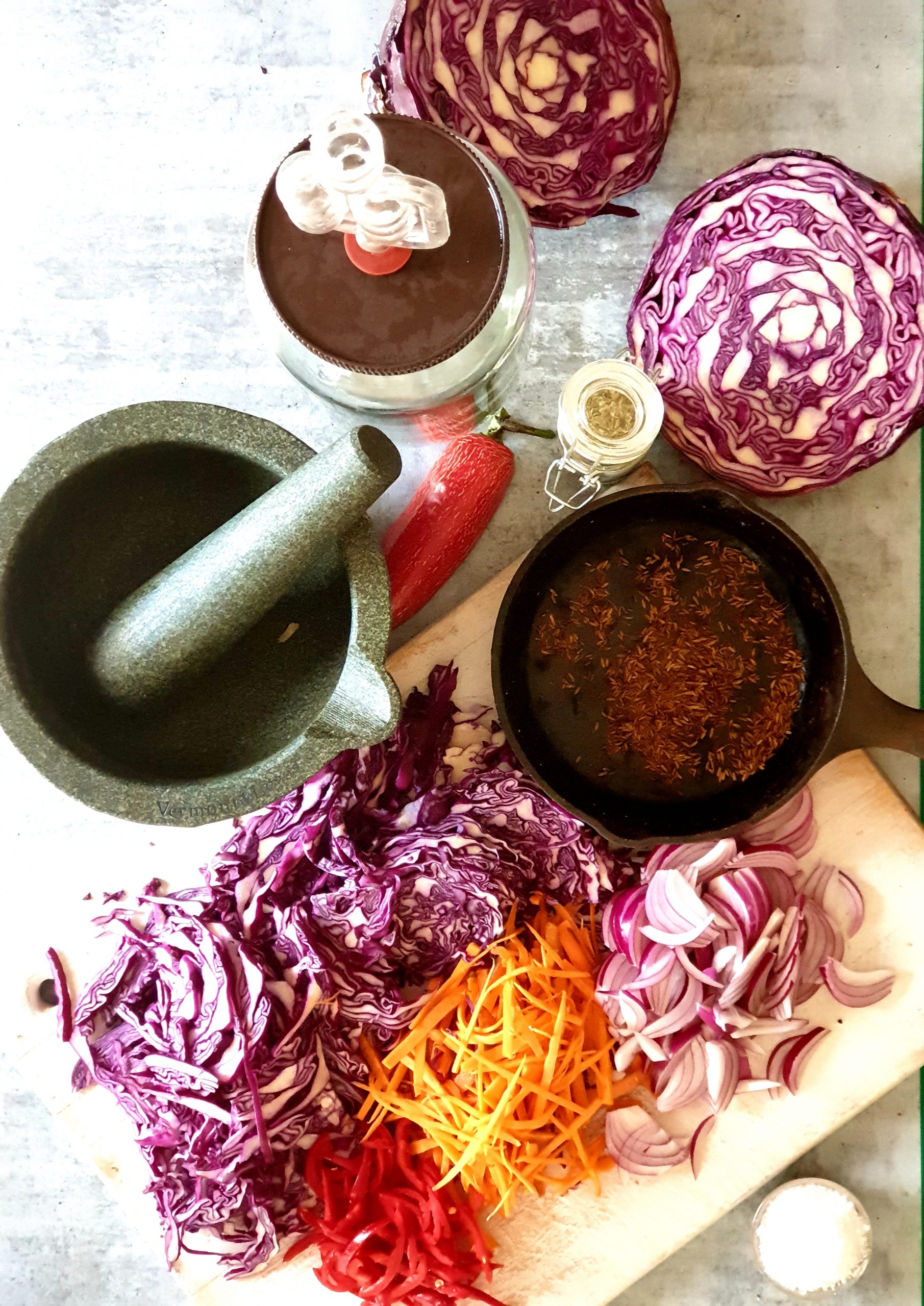 All the ingredients ready to make Fermented Red Cabbage Curtido