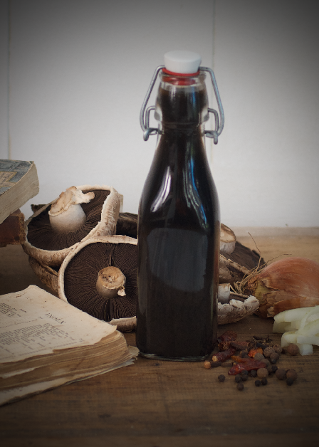 Mushroom Ketchup and Ingredients with vintage cookbooks