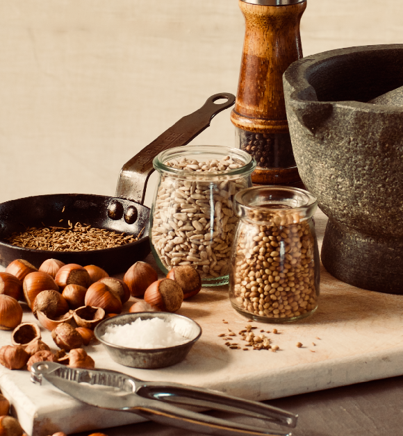 the ingredients and equipment for making sesame free dukkah